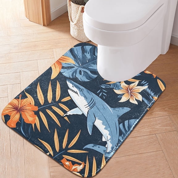 Toilet Rug U-Shaped Bathroom Rugs Non-Slip Soft Plush Machine Washable Contour Bath Mat Flower and Shark 24x20