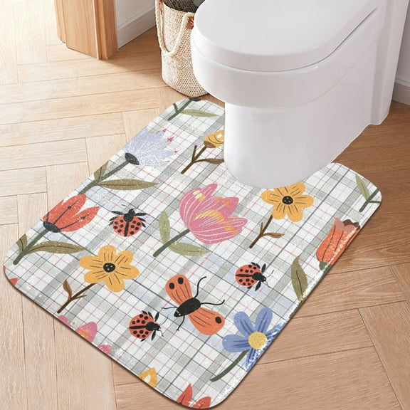 Toilet Rug U-Shaped Bathroom Rugs Non-Slip Soft Plush Machine Washable Contour Bath Mat Flowers and Ladybirds 24x20