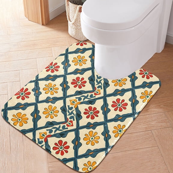 Toilet Rug U-Shaped Bathroom Rugs Non-Slip Soft Plush Machine Washable Contour Bath Mat Flowers in Square 24x20