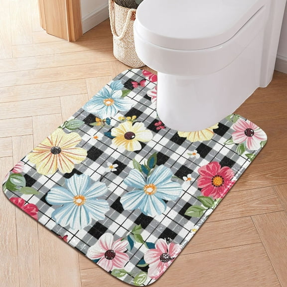 Toilet Rug U-Shaped Bathroom Rugs Non-Slip Soft Plush Machine Washable Contour Bath Mat Flowers on Checkered 24x20