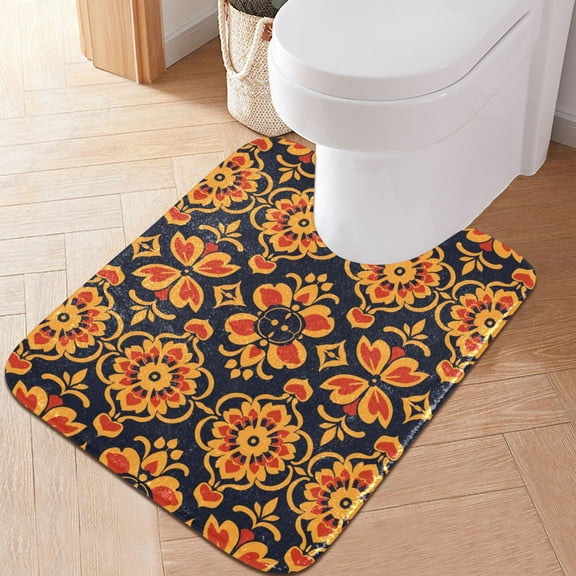 Toilet Rug U-Shaped Bathroom Rugs Non-Slip Soft Plush Machine Washable Contour Bath Mat Folk Art Flowers 24x20
