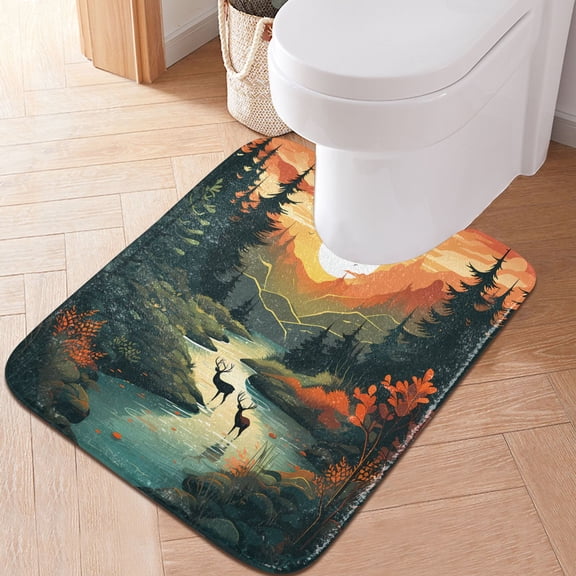 Toilet Rug U-Shaped Bathroom Rugs Non-Slip Soft Plush Machine Washable Contour Bath Mat Forest Deer Sunset 24x20