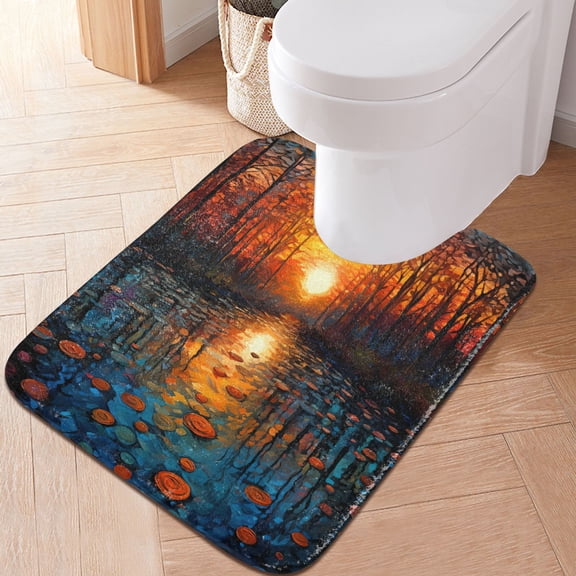 Toilet Rug U-Shaped Bathroom Rugs Non-Slip Soft Plush Machine Washable Contour Bath Mat Forest River Cobblestone 24x20