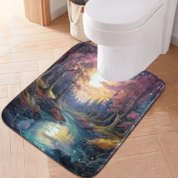 Toilet Rug U-Shaped Bathroom Rugs Non-Slip Soft Plush Machine Washable Contour Bath Mat Forest River Sun 24x20