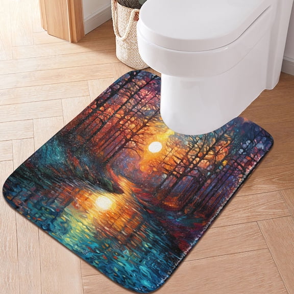 Toilet Rug U-Shaped Bathroom Rugs Non-Slip Soft Plush Machine Washable Contour Bath Mat Forest River Sunset 24x20