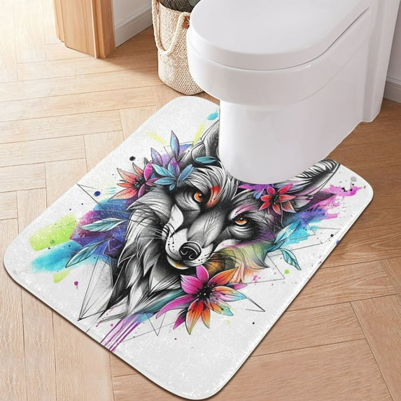Toilet Rug U-Shaped Bathroom Rugs Non-Slip Soft Plush Machine Washable Contour Bath Mat Fox Head with Flower 24x20