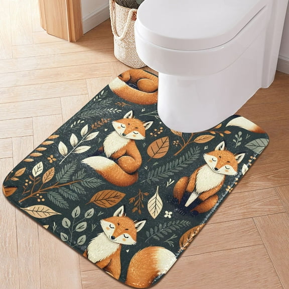 Toilet Rug U-Shaped Bathroom Rugs Non-Slip Soft Plush Machine Washable Contour Bath Mat Fox and Leaves 24x20