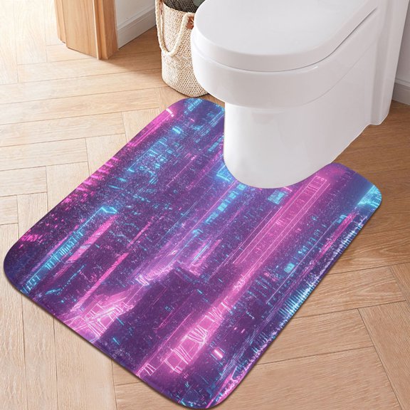 Toilet Rug U-Shaped Bathroom Rugs Non-Slip Soft Plush Machine Washable Contour Bath Mat Futuristic Cyberpunk City 24x20