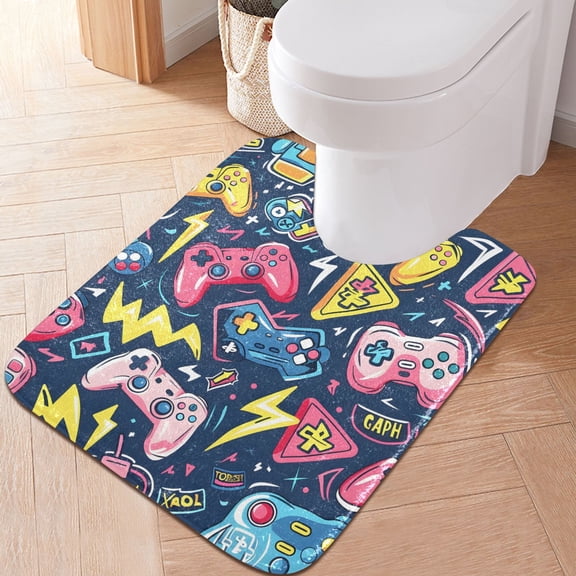 Toilet Rug U-Shaped Bathroom Rugs Non-Slip Soft Plush Machine Washable Contour Bath Mat Gamepad and Lightning 24x20