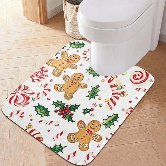 Toilet Rug U-Shaped Bathroom Rugs Non-Slip Soft Plush Machine Washable Contour Bath Mat Gingerbread Men Holly Leaves 24x20