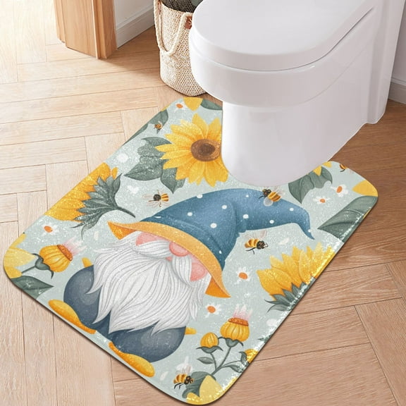 Toilet Rug U-Shaped Bathroom Rugs Non-Slip Soft Plush Machine Washable Contour Bath Mat Gnome Bee Sunflower 24x20