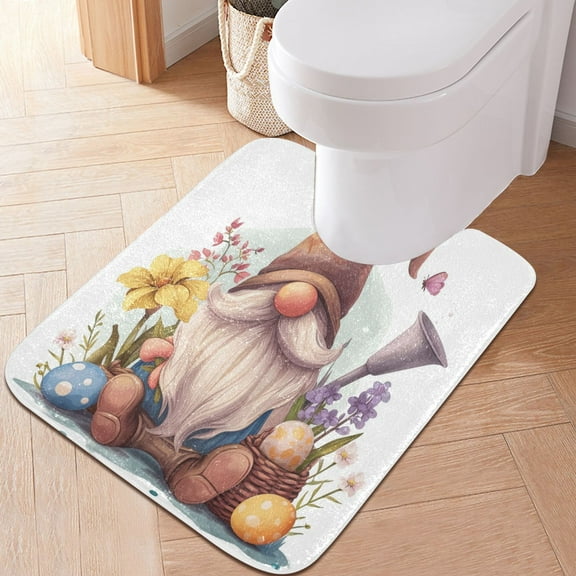 Toilet Rug U-Shaped Bathroom Rugs Non-Slip Soft Plush Machine Washable Contour Bath Mat Gnomes Flower Egg 24x20