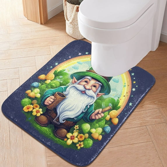 Toilet Rug U-Shaped Bathroom Rugs Non-Slip Soft Plush Machine Washable Contour Bath Mat Gnomes and Green Plant 24x20