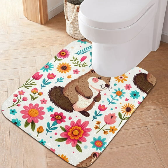 Toilet Rug U-Shaped Bathroom Rugs Non-Slip Soft Plush Machine Washable Contour Bath Mat Gophers and Flower 24x20