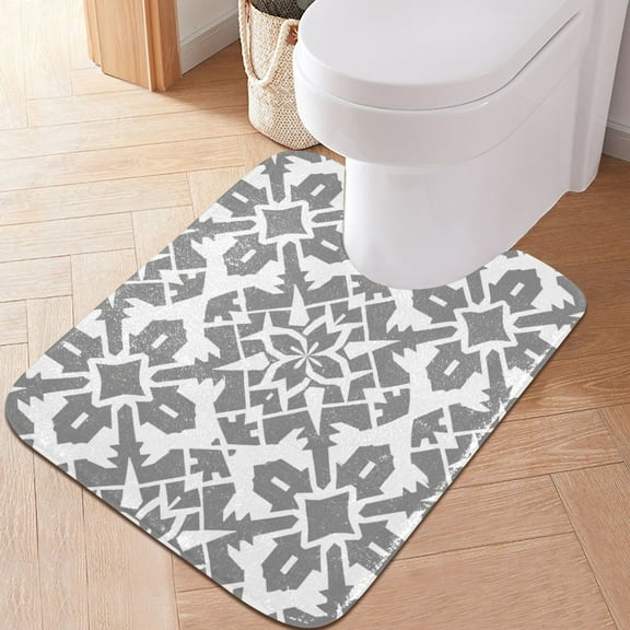 Toilet Rug U-Shaped Bathroom Rugs Non-Slip Soft Plush Machine Washable Contour Bath Mat Gray Line Geometric 24x20
