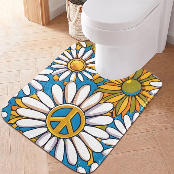Toilet Rug U-Shaped Bathroom Rugs Non-Slip Soft Plush Machine Washable Contour Bath Mat Groovy Daisy Flower and Peace Symbol 24x20