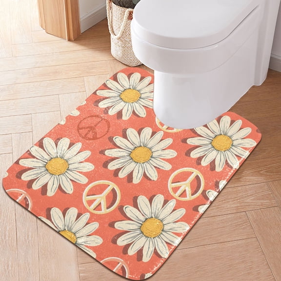 Toilet Rug U-Shaped Bathroom Rugs Non-Slip Soft Plush Machine Washable Contour Bath Mat Groovy Daisy Flower with Peace Symbol 24x20