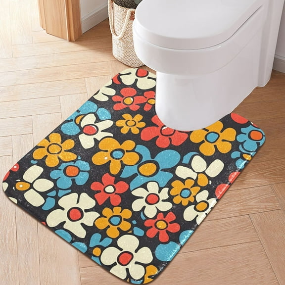 Toilet Rug U-Shaped Bathroom Rugs Non-Slip Soft Plush Machine Washable Contour Bath Mat Groovy Daisy Flowers 24x20