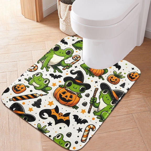 Toilet Rug U-Shaped Bathroom Rugs Non-Slip Soft Plush Machine Washable Contour Bath Mat Halloween Frogs Pumpkin Candy 24x20