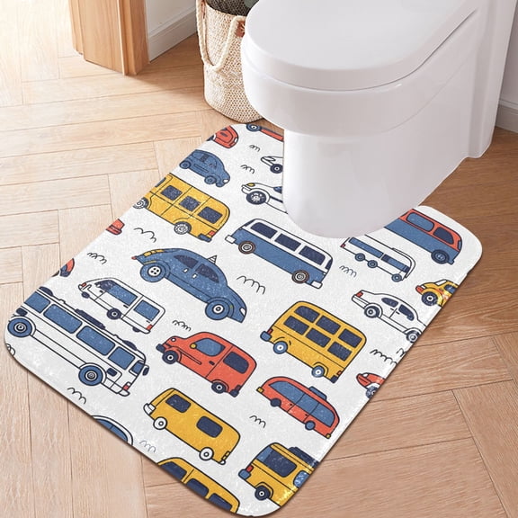 Toilet Rug U-Shaped Bathroom Rugs Non-Slip Soft Plush Machine Washable Contour Bath Mat Hand Drawing Vehicles 24x20