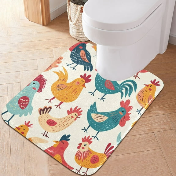 Toilet Rug U-Shaped Bathroom Rugs Non-Slip Soft Plush Machine Washable Contour Bath Mat Hand Drawn Chicken 24x20