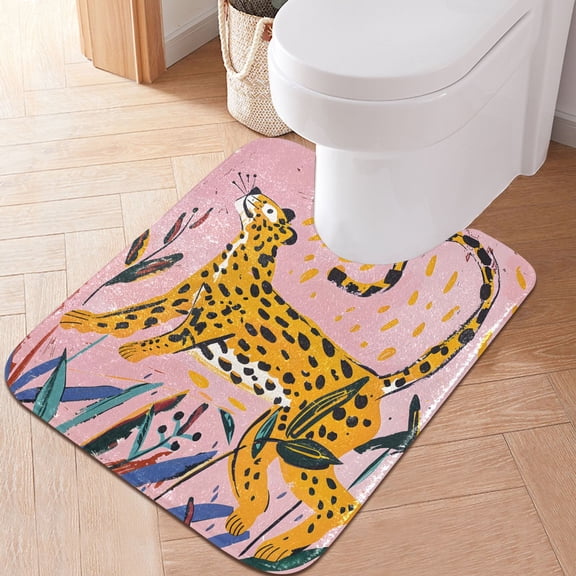 Toilet Rug U-Shaped Bathroom Rugs Non-Slip Soft Plush Machine Washable Contour Bath Mat Hand Drawn Leopard 24x20