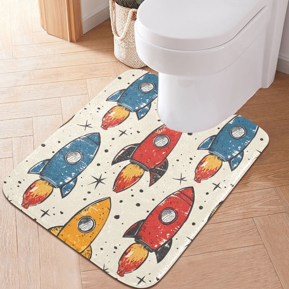 Toilet Rug U-Shaped Bathroom Rugs Non-Slip Soft Plush Machine Washable Contour Bath Mat Hand Drawn Rocket 24x20