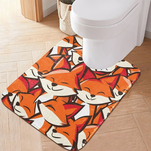 Toilet Rug U-Shaped Bathroom Rugs Non-Slip Soft Plush Machine Washable Contour Bath Mat Happy Foxes Face 24x20