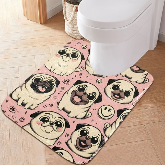 Toilet Rug U-Shaped Bathroom Rugs Non-Slip Soft Plush Machine Washable Contour Bath Mat Happy Pug Dog 24x20