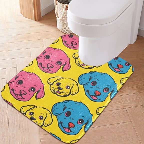 Toilet Rug U-Shaped Bathroom Rugs Non-Slip Soft Plush Machine Washable Contour Bath Mat Happy Puppy Faces 24x20