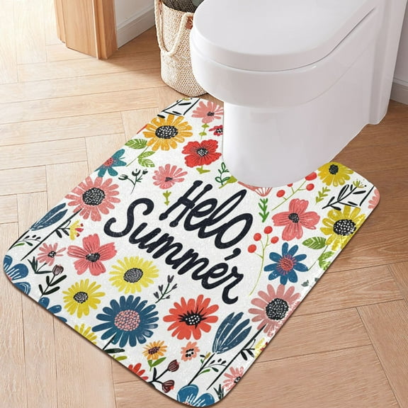 Toilet Rug U-Shaped Bathroom Rugs Non-Slip Soft Plush Machine Washable Contour Bath Mat Hello Summer Flowers 24x20