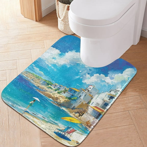 Toilet Rug U-Shaped Bathroom Rugs Non-Slip Soft Plush Machine Washable Contour Bath Mat House on Beach 24x20