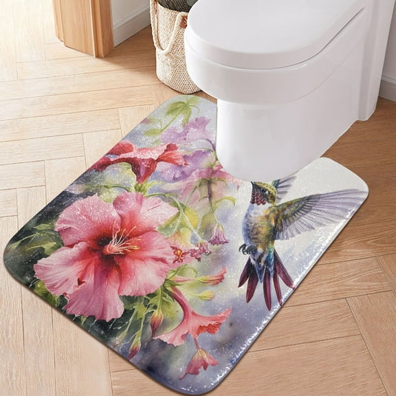 Toilet Rug U-Shaped Bathroom Rugs Non-Slip Soft Plush Machine Washable Contour Bath Mat Hummingbird Lily Floral 24x20