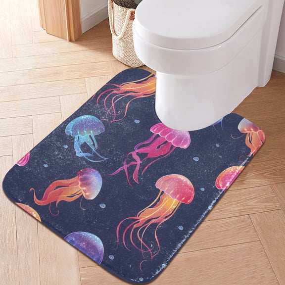Toilet Rug U-Shaped Bathroom Rugs Non-Slip Soft Plush Machine Washable Contour Bath Mat Jellyfish and Bubbles 24x20