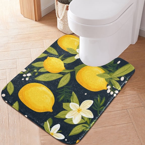 Toilet Rug U-Shaped Bathroom Rugs Non-Slip Soft Plush Machine Washable Contour Bath Mat Lemon and Plumeria Flower 24x20