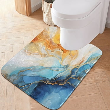 Toilet Rug U-Shaped Bathroom Rugs Non-Slip Soft Plush Machine Washable Contour Bath Mat Light Blue White Gold Marble 24x20