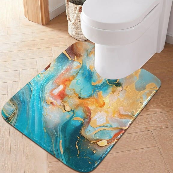 Toilet Rug U-Shaped Bathroom Rugs Non-Slip Soft Plush Machine Washable Contour Bath Mat Light Blue and Gold Marble 24x20