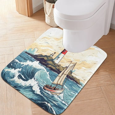 Toilet Rug U-Shaped Bathroom Rugs Non-Slip Soft Plush Machine Washable Contour Bath Mat Lighthouse Ship Sea 24x20