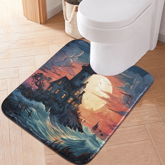 Toilet Rug U-Shaped Bathroom Rugs Non-Slip Soft Plush Machine Washable Contour Bath Mat Lighthouse on Sea 24x20