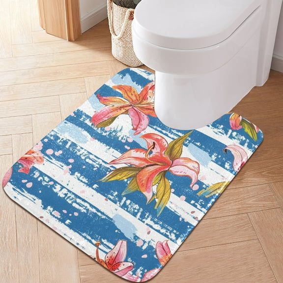 Toilet Rug U-Shaped Bathroom Rugs Non-Slip Soft Plush Machine Washable Contour Bath Mat Lily Flowers on Stripe 24x20
