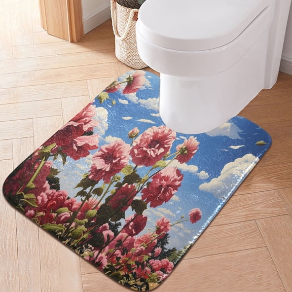 Toilet Rug U-Shaped Bathroom Rugs Non-Slip Soft Plush Machine Washable Contour Bath Mat Lively Pink Flower 24x20