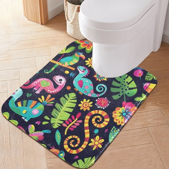 Toilet Rug U-Shaped Bathroom Rugs Non-Slip Soft Plush Machine Washable Contour Bath Mat Lizard and Leaf 24x20
