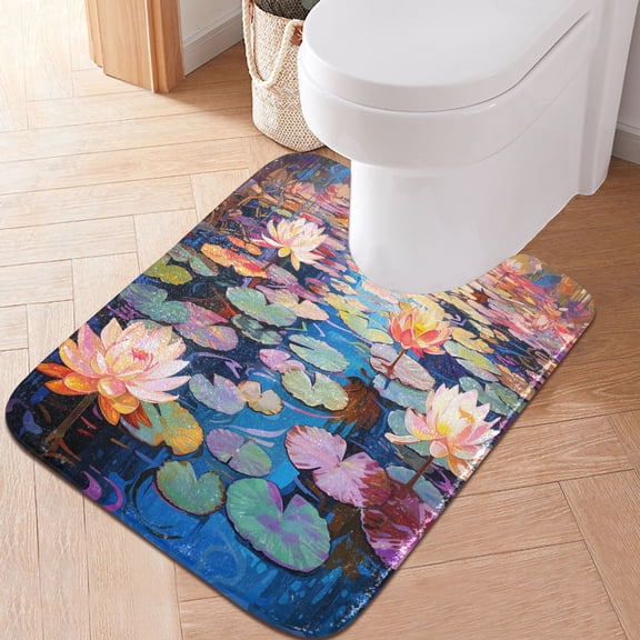 Toilet Rug U-Shaped Bathroom Rugs Non-Slip Soft Plush Machine Washable Contour Bath Mat Lotus Flower Leaf 24x20