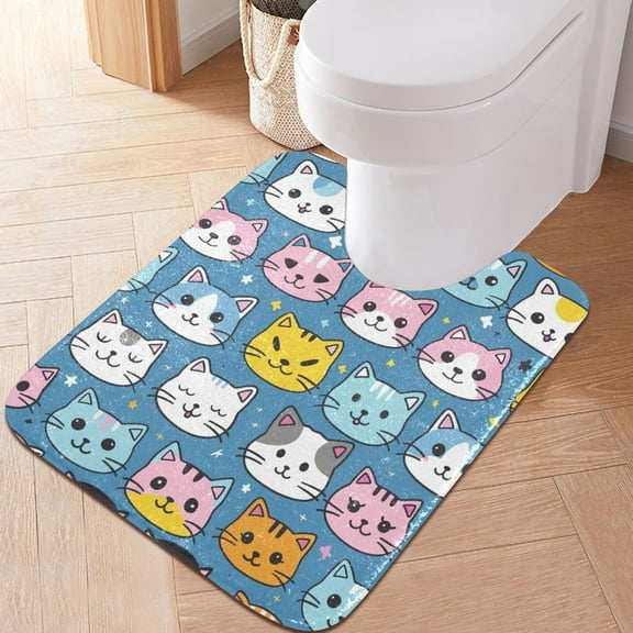 Toilet Rug U-Shaped Bathroom Rugs Non-Slip Soft Plush Machine Washable Contour Bath Mat Lovely Cats Face 24x20