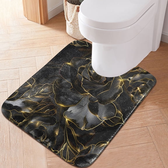 Toilet Rug U-Shaped Bathroom Rugs Non-Slip Soft Plush Machine Washable Contour Bath Mat Luxury Black Rose 24x20
