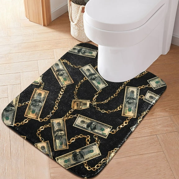 Toilet Rug U-Shaped Bathroom Rugs Non-Slip Soft Plush Machine Washable Contour Bath Mat Luxury Dollar Bill Chain 24x20