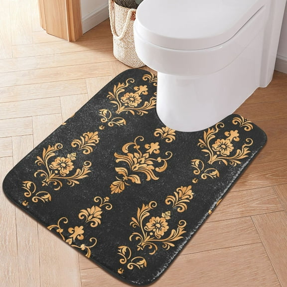 Toilet Rug U-Shaped Bathroom Rugs Non-Slip Soft Plush Machine Washable Contour Bath Mat Luxury Floral Damask 24x20