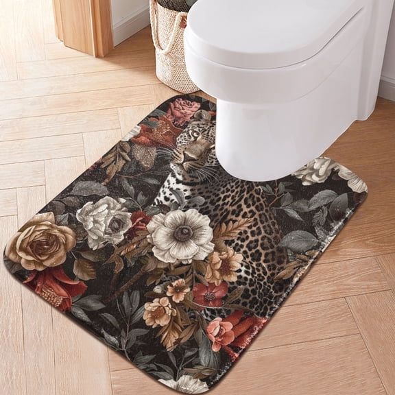 Toilet Rug U-Shaped Bathroom Rugs Non-Slip Soft Plush Machine Washable Contour Bath Mat Luxury Leopard with Flowers 24x20