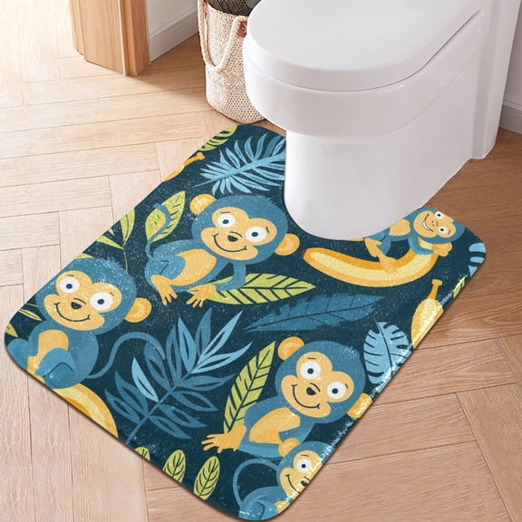 Toilet Rug U-Shaped Bathroom Rugs Non-Slip Soft Plush Machine Washable Contour Bath Mat Monkey and Banana 24x20