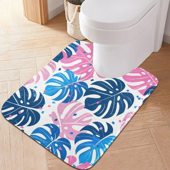 Toilet Rug U-Shaped Bathroom Rugs Non-Slip Soft Plush Machine Washable Contour Bath Mat Monstera Leaves 24x20